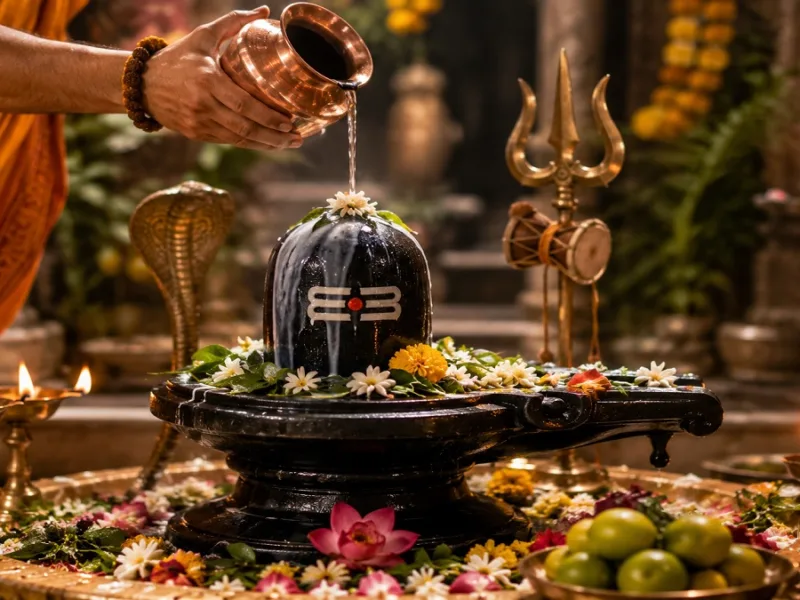 Devotees offering water and milk on Shivling during Sawan month