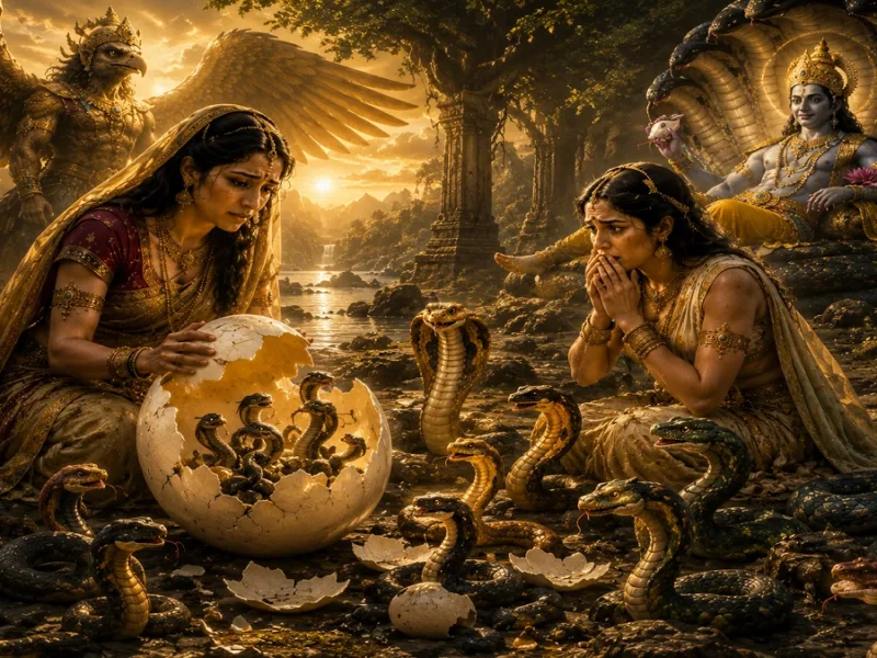नाग पंचमी पर कद्रू के नाग पुत्रों और गरुड़ से जुड़ी पौराणिक कथा का दृश्य