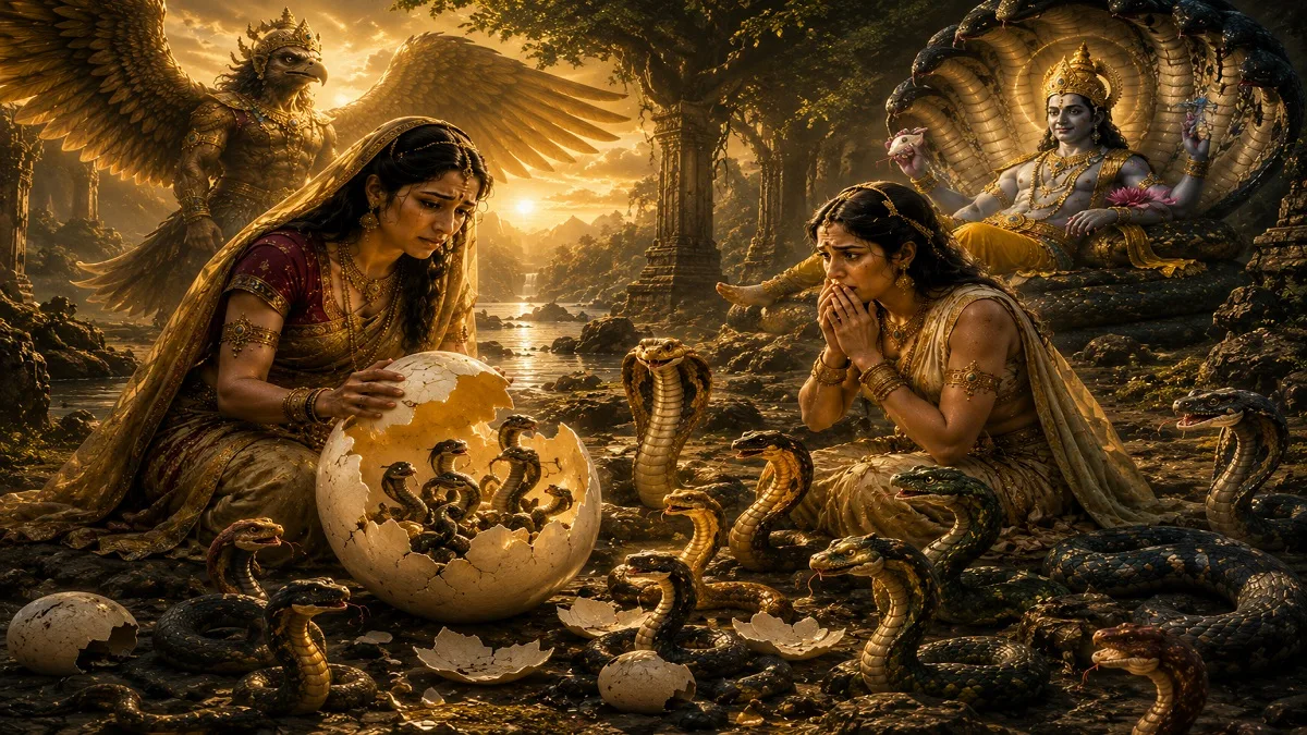 नाग पंचमी पर कद्रू के नाग पुत्रों और गरुड़ से जुड़ी पौराणिक कथा का दृश्य