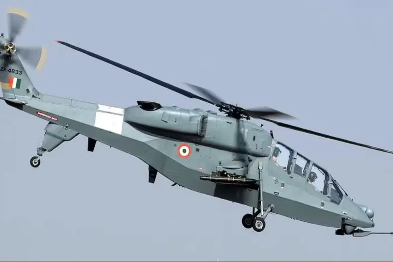 HAL Prachand Light Combat Helicopter soaring in the sky with aerospace manufacturing graphics