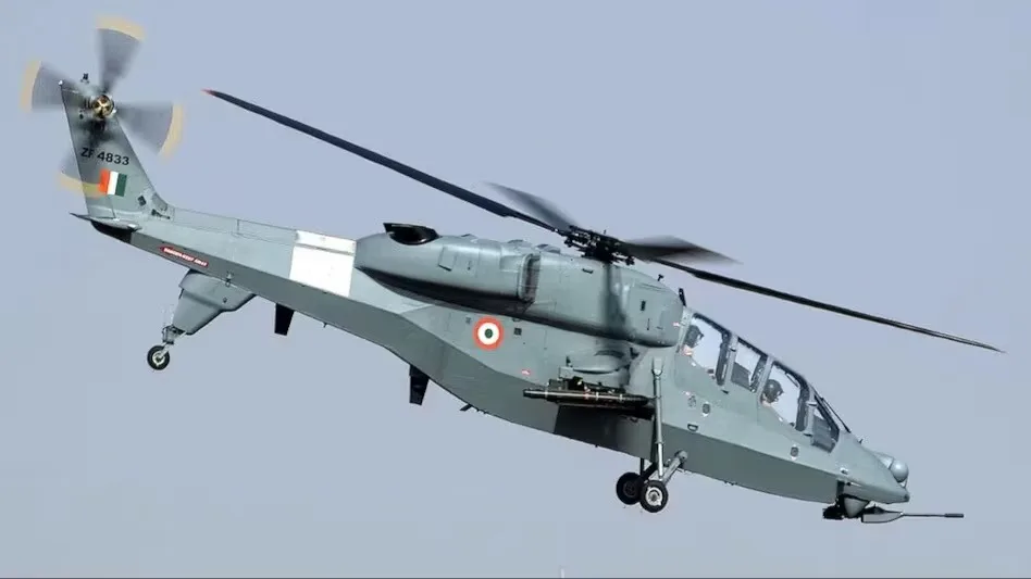 HAL Prachand Light Combat Helicopter soaring in the sky with aerospace manufacturing graphics