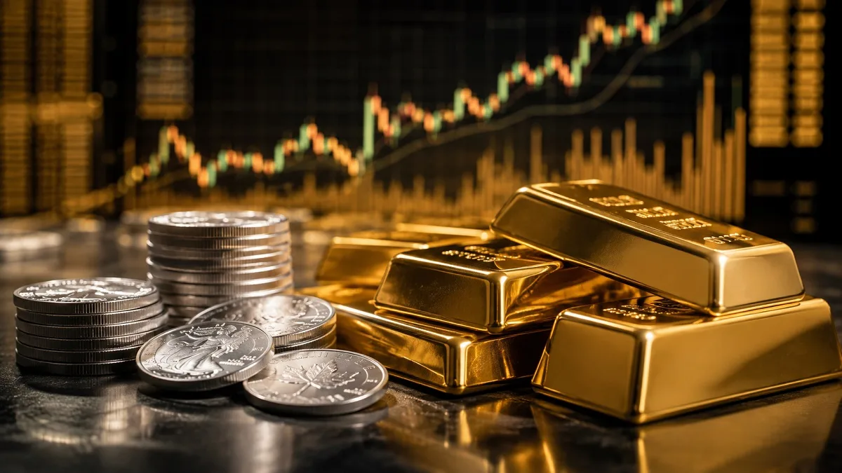 Gold biscuits and silver coins gleaming on a digital screen.