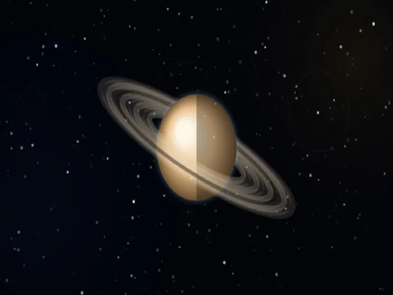 Illustrative representation of planet Saturn in night starry sky over zodiac symbols