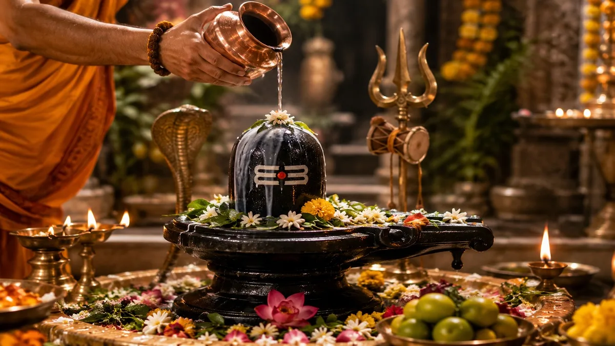 Devotees offering water and milk on Shivling during Sawan month
