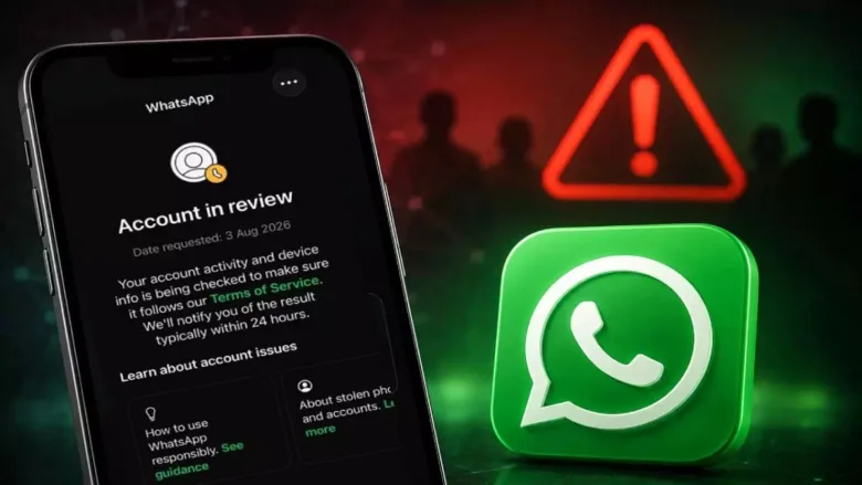 WhatsApp पर Account in Review नोटिफिकेशन दिखाता स्मार्टफोन।