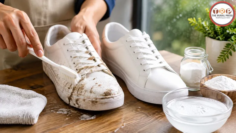 A person's hand cleaning white shoes at home using household items.