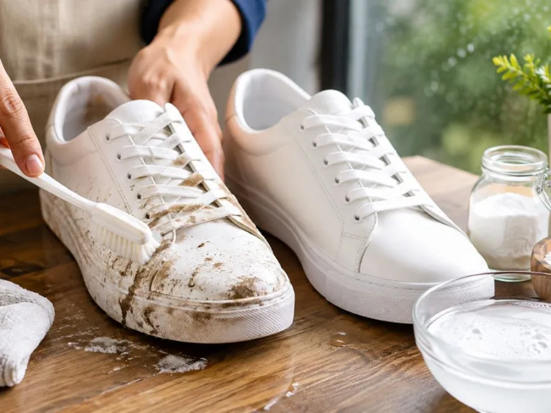 A person's hand cleaning white shoes at home using household items.