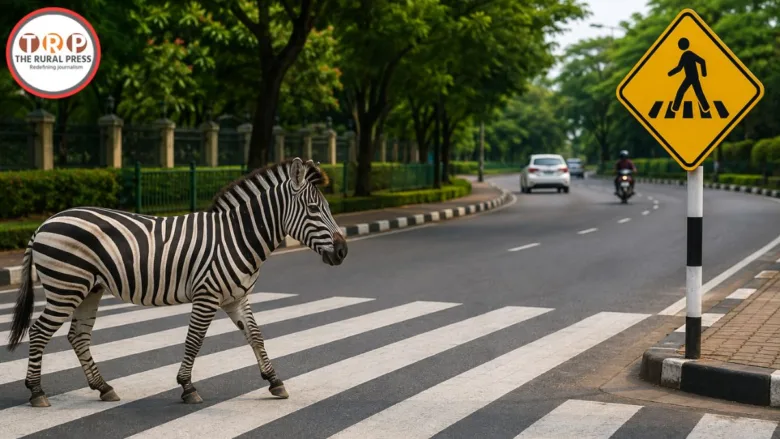 A road scene featuring a zebra crossing with bold white striped pedestrian markings