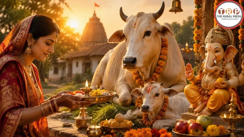 Woman worshipping cow and calf on Bahula Chauth festival
