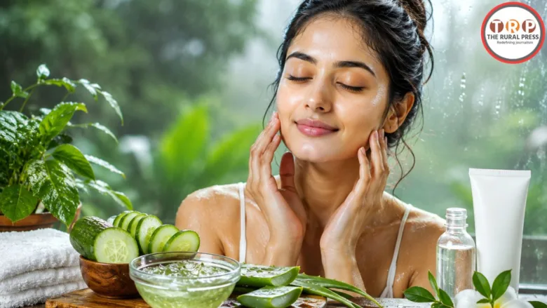 Woman applying natural gel on face for monsoon skin care