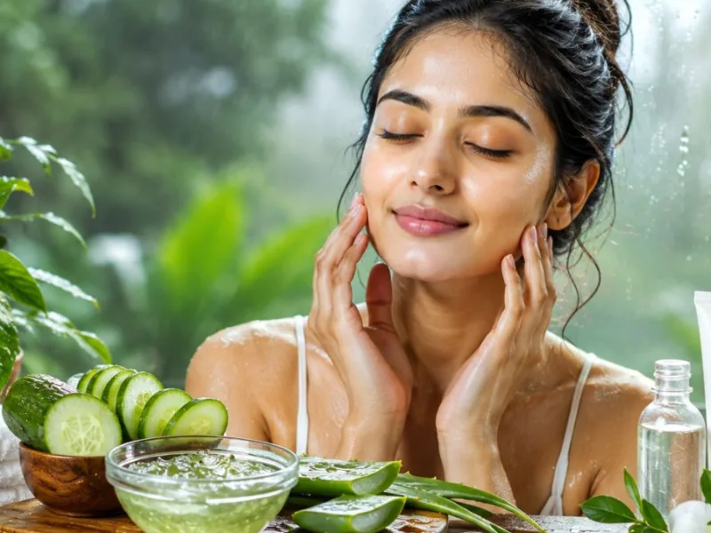 Woman applying natural gel on face for monsoon skin care