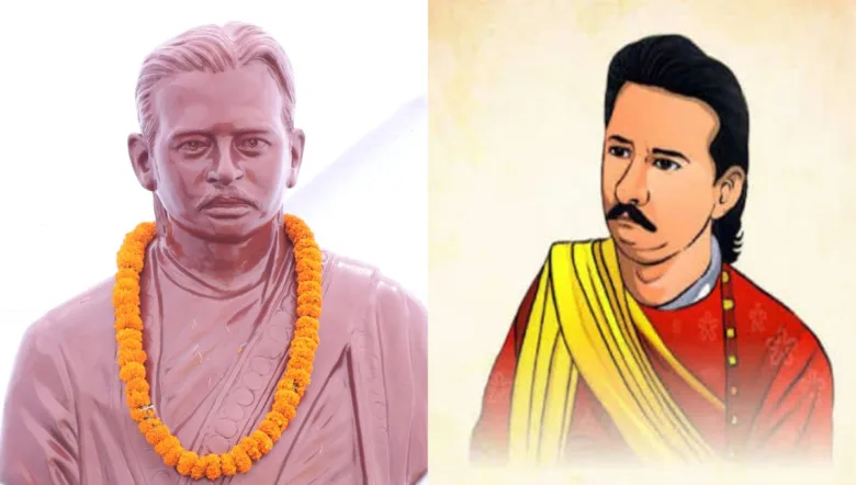 पंडित सुंदरलाल शर्मा की स्मृति में ग्रामीण परिवेश में स्थापित स्वतंत्रता सेनानी की प्रतिमा, पीछे हरियाली, खेत, नदी और गांव का दृश्य।