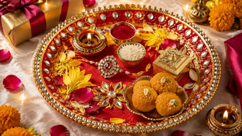 Beautiful handmade pooja thali decorated with flowers and kundan for Rakshabandhan festival