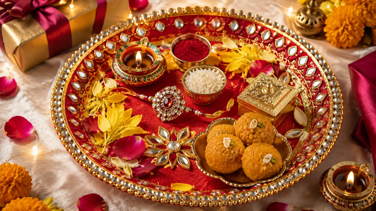 Beautiful handmade pooja thali decorated with flowers and kundan for Rakshabandhan festival