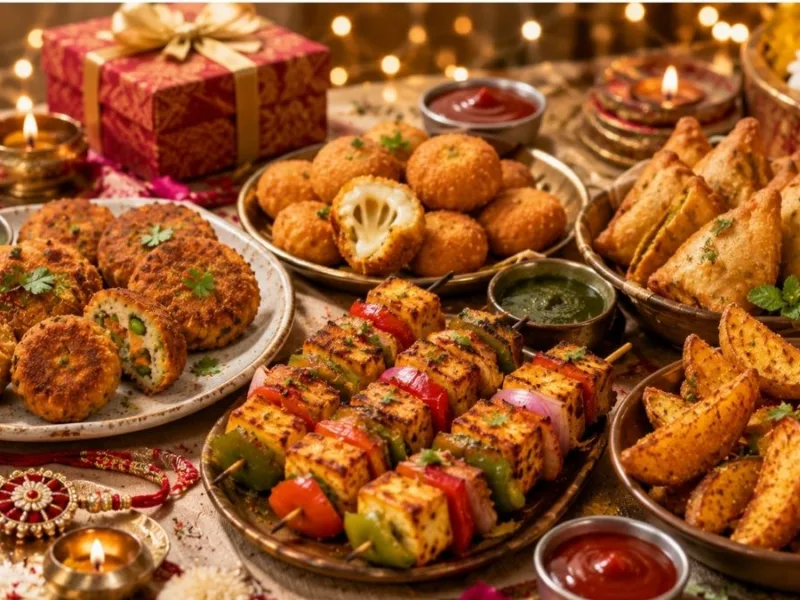 Raksha Bandhan party snacks with paneer tikka, veg cutlet and crispy potato wedges