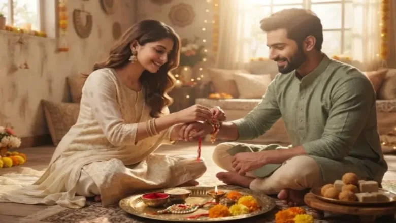 Sister tying Rakhi on brother wrist following traditional Raksha Bandhan rules