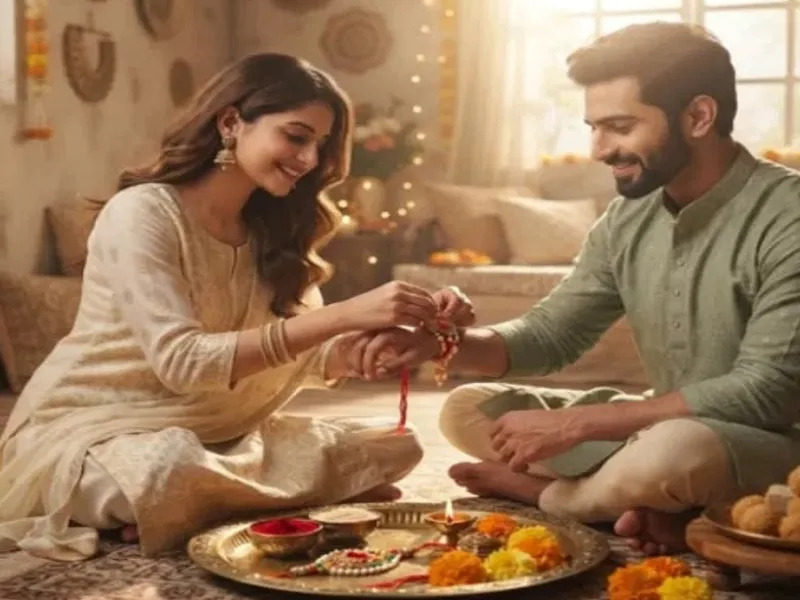 Sister tying Rakhi on brother wrist following traditional Raksha Bandhan rules