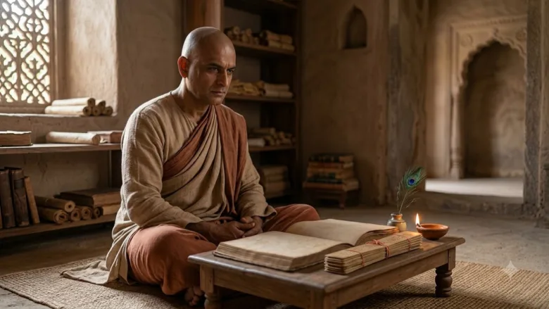 Ancient Indian scholar Chanakya sitting thoughtfully in meditation depicting wisdom and silence.