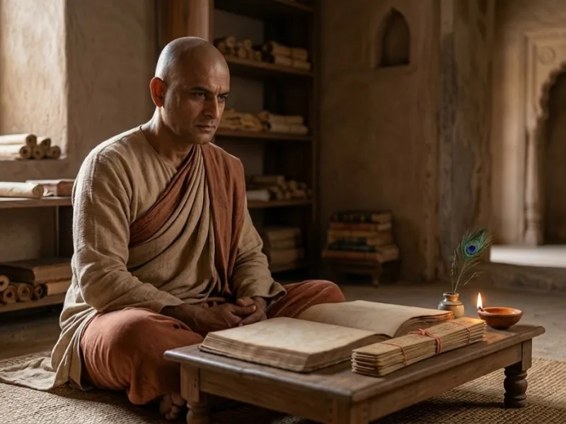 Ancient Indian scholar Chanakya sitting thoughtfully in meditation depicting wisdom and silence.