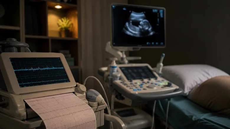 Modern medical ultrasound monitor and fetal heart monitoring equipment in a hospital room