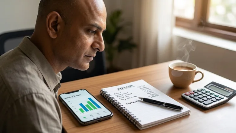 A person managing monthly salary budget on a smartphone and calculator with Indian rupee notes on a desk.