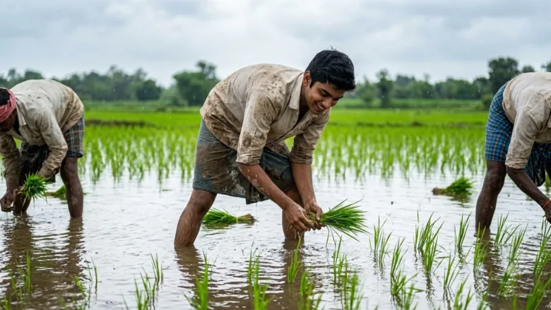 Farmers transplanting paddy late in the month of September in Chhattisgarh.