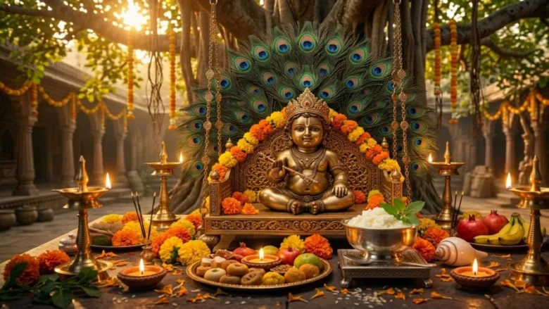 Beautiful decorated Laddu Gopal idol sitting on a swing during Krishna Janmashtami celebrations.