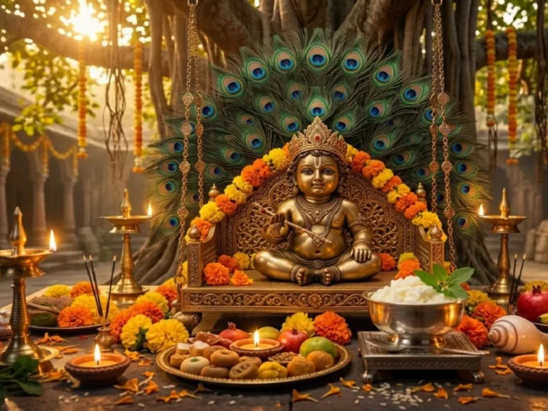 Beautiful decorated Laddu Gopal idol sitting on a swing during Krishna Janmashtami celebrations.
