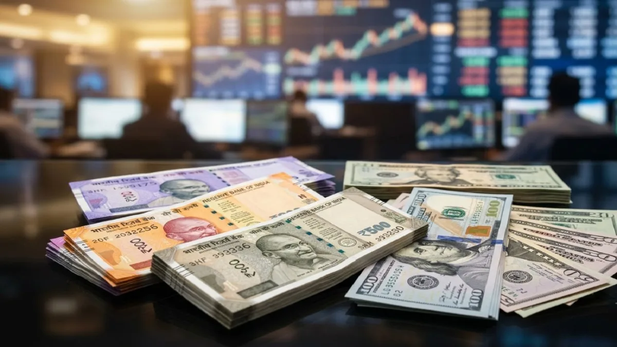 US Dollar notes and Indian Rupee banknotes represented together in financial market setting.