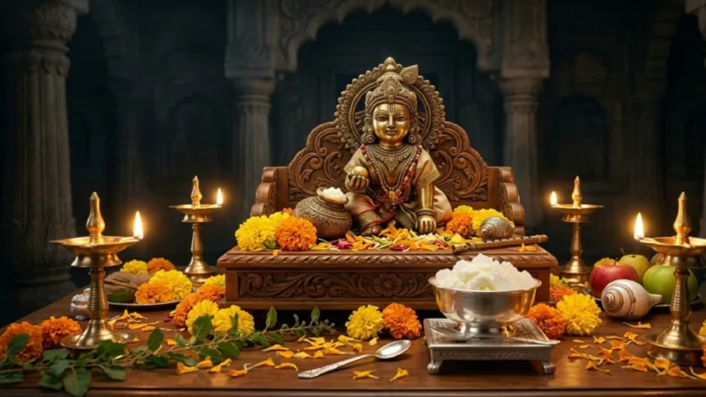 Baal Gopal idol decorated for Krishna Janmashtami with lamps and auspicious offerings.