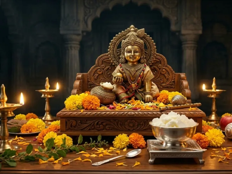 Baal Gopal idol decorated for Krishna Janmashtami with lamps and auspicious offerings.
