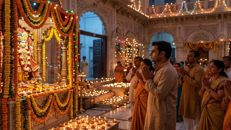 Grand decoration and gathering of devotees at Krishna temple on Janmashtami festival.