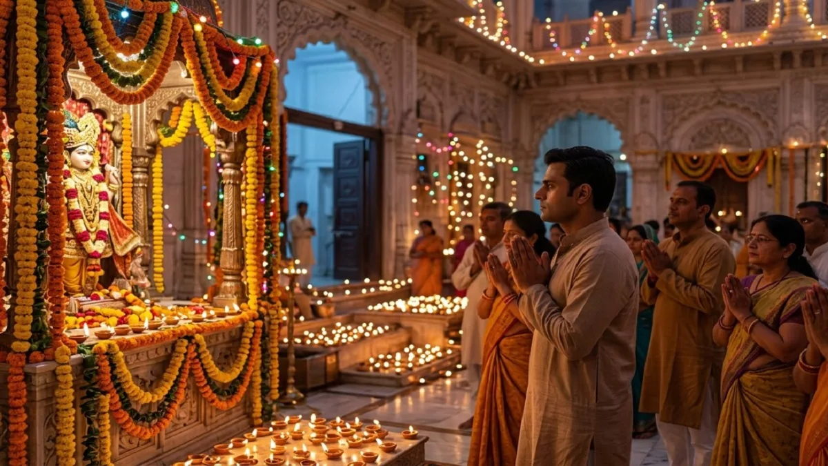 Grand decoration and gathering of devotees at Krishna temple on Janmashtami festival.