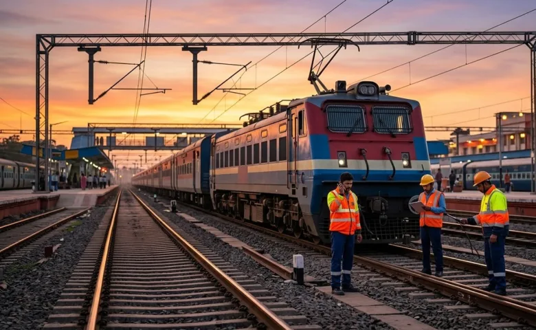 An Indian Railways train and railway employees at work.