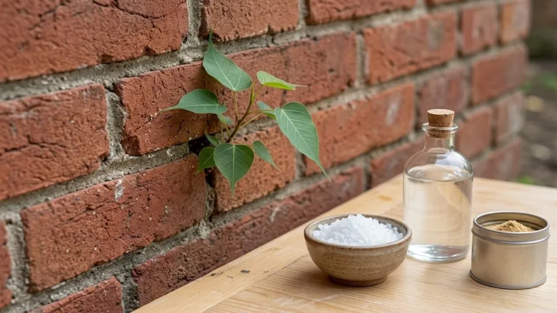 A Peepal sapling growing in a wall crack and home remedies to remove it.