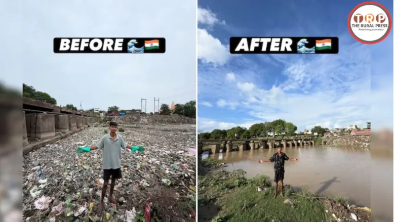 Surendra Singh Chaudhary, a young man, cleaning up plastic waste along the banks of the Ajnar River.