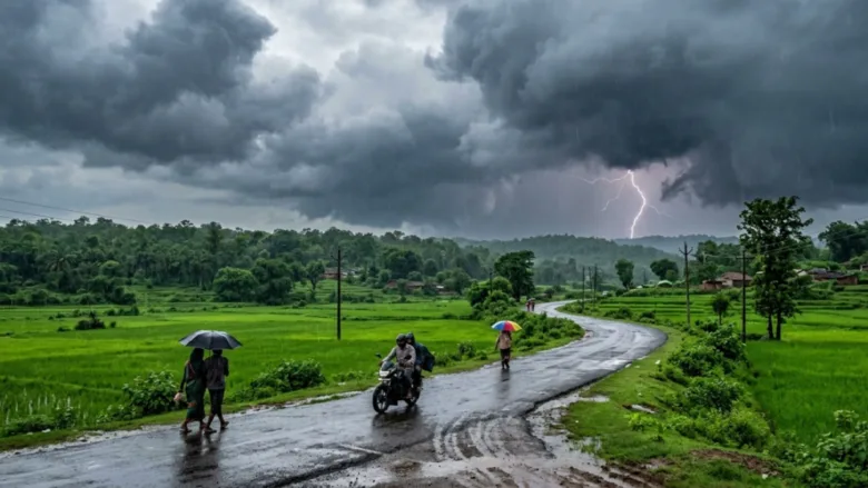Dark monsoon clouds and rainfall over Chhattisgarh landscape in India