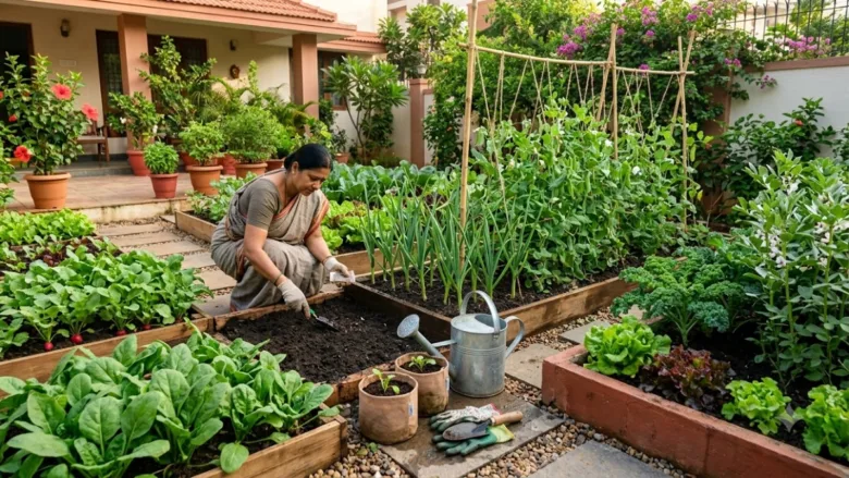 September kitchen garden with spinach radish peas garlic lettuce kale and fava bean plants