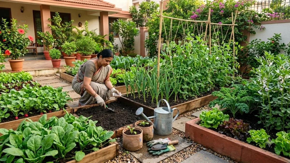 September kitchen garden with spinach radish peas garlic lettuce kale and fava bean plants