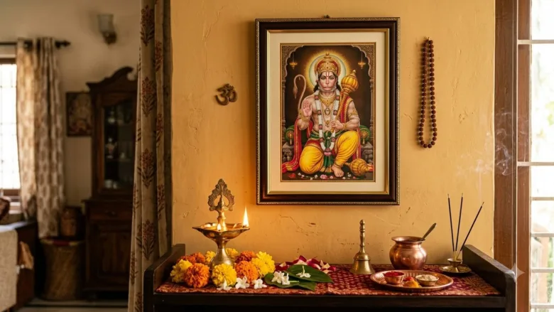 Hanuman Ji picture placed respectfully in a clean home prayer space