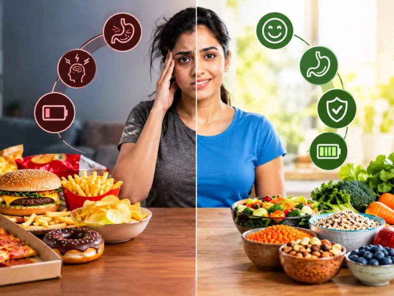 Healthy diet showing the changes that occur in the body after quitting junk food.