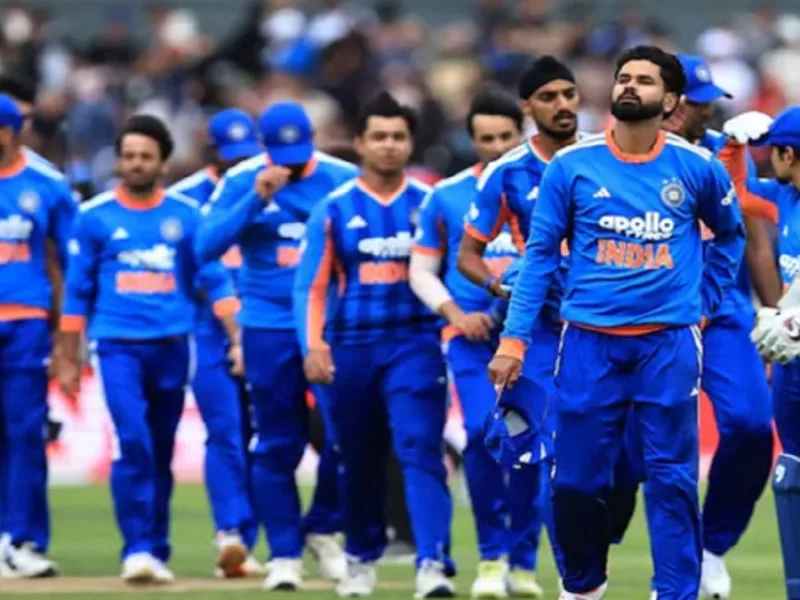 Team India celebrating their historic 200th T20I victory after a thrilling match against Japan.