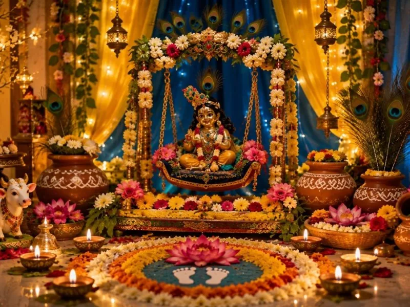 Janmashtami decoration with flowers, Laddu Gopal jhula, and clay matki in home corner