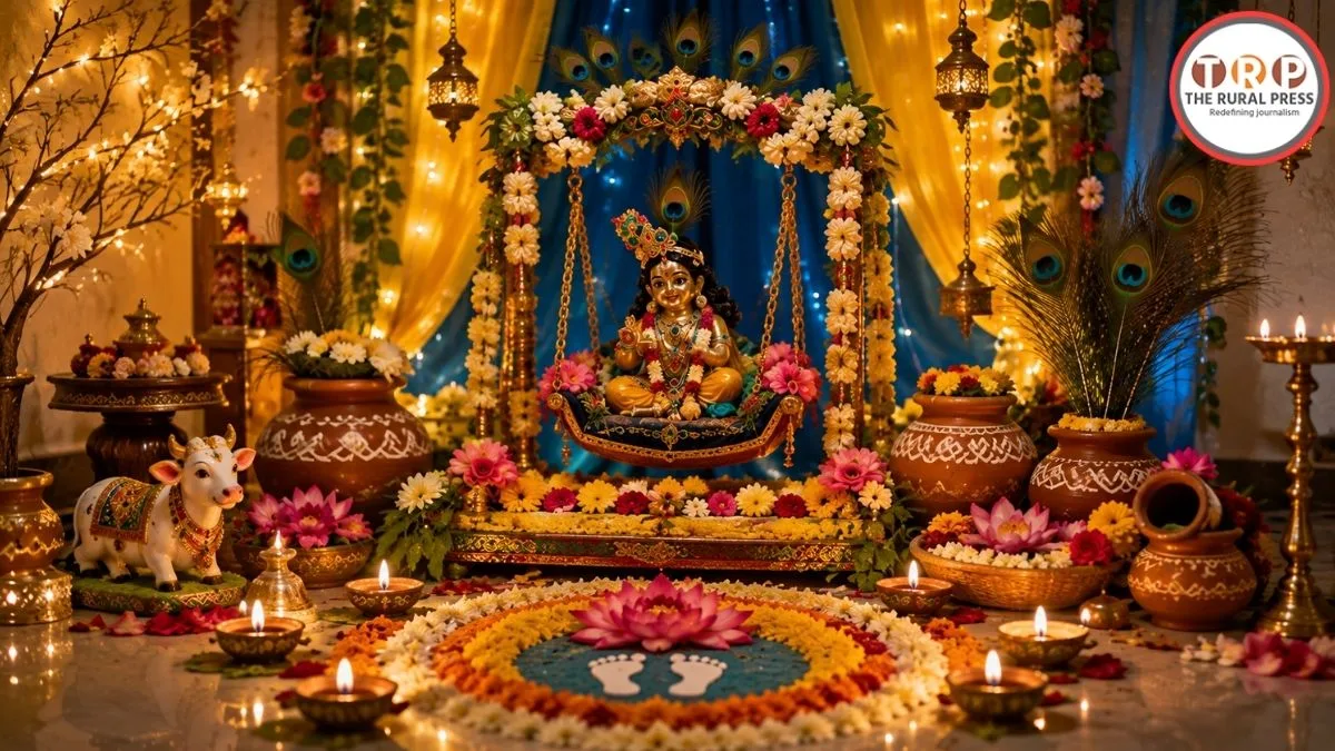 Janmashtami decoration with flowers, Laddu Gopal jhula, and clay matki in home corner