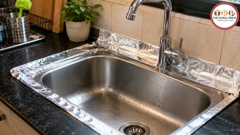Kitchen sink corner covered with shiny aluminium foil to prevent dirt and water stains