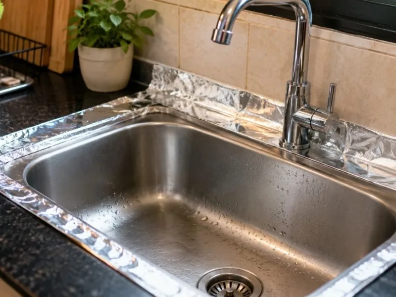 Kitchen sink corner covered with shiny aluminium foil to prevent dirt and water stains