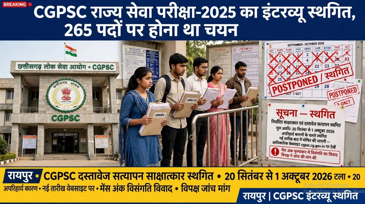 RAIPUR: CGPSC राज्य सेवा परीक्षा-2025 का इंटरव्यू स्थगित, 20 सितंबर से शुरू होने वाला दस्तावेज सत्यापन-साक्षात्कार टला