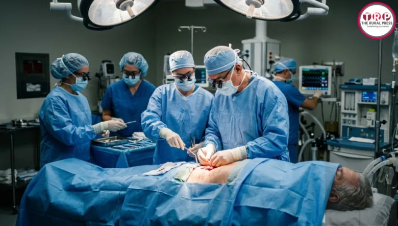 : Genetically modified pig kidney transplant being performed on a human patient in a modern medical facility