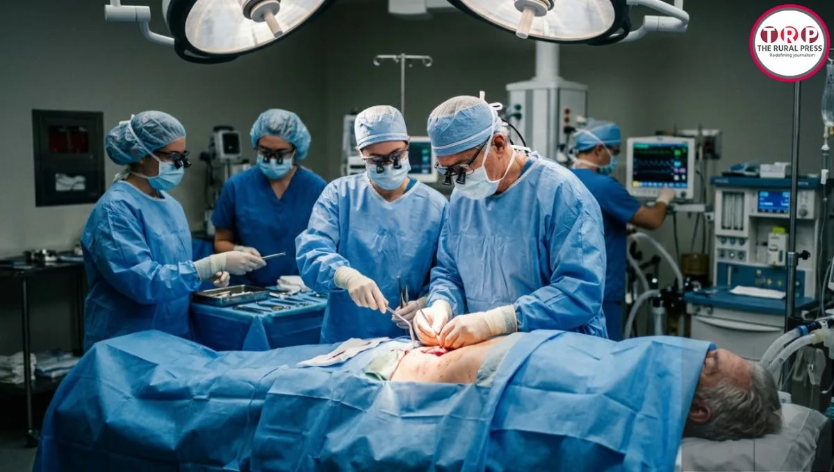 : Genetically modified pig kidney transplant being performed on a human patient in a modern medical facility