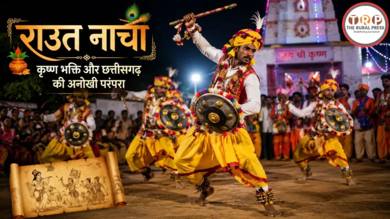 Raut Nacha dancers performing in traditional attire with decorated sticks and shields in Chhattisgarh